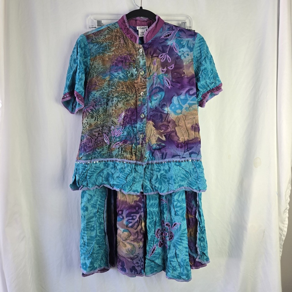Vtg Usindo 2 Pc Set Shirt Sz Med Skirt Sz Sm Patchwork Carwash Skirt Embroidery